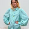 Erotokritos Tops & Shirts*Alia - Stripe Seersucker Shirt With Balloon Sleeves - Green