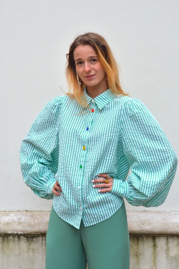 Erotokritos Tops & Shirts*Alia - Stripe Seersucker Shirt With Balloon Sleeves - Green