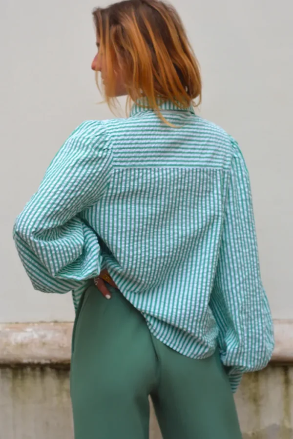 Erotokritos Tops & Shirts*Alia - Stripe Seersucker Shirt With Balloon Sleeves - Green