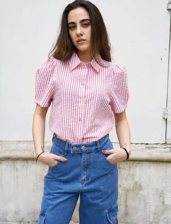 Erotokritos Tops & Shirts*Alia -s - Seersucker Stripe Shirt-Red/White