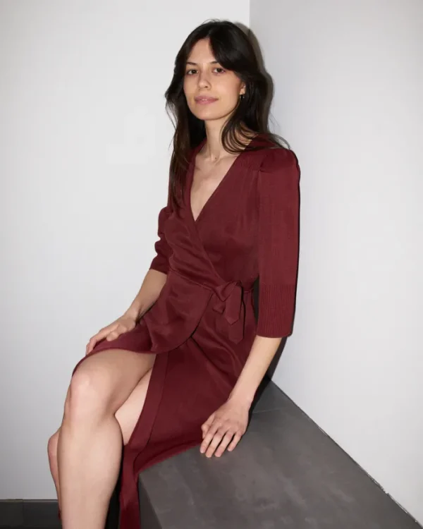 Erotokritos Knitwear | Dresses*Arwaya - Silk Knit High Waist Wrap Dress - Dark Cherry