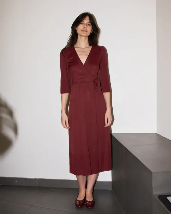 Erotokritos Knitwear | Dresses*Arwaya - Silk Knit High Waist Wrap Dress - Dark Cherry