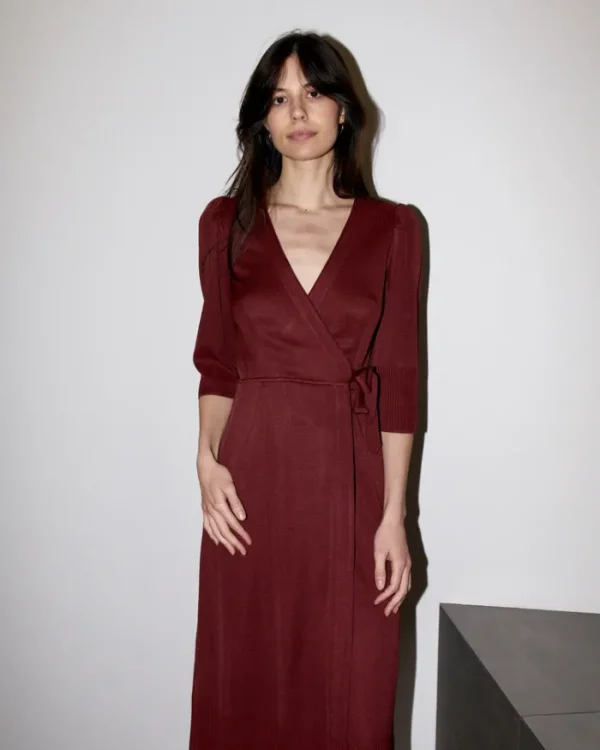 Erotokritos Knitwear | Dresses*Arwaya - Silk Knit High Waist Wrap Dress - Dark Cherry