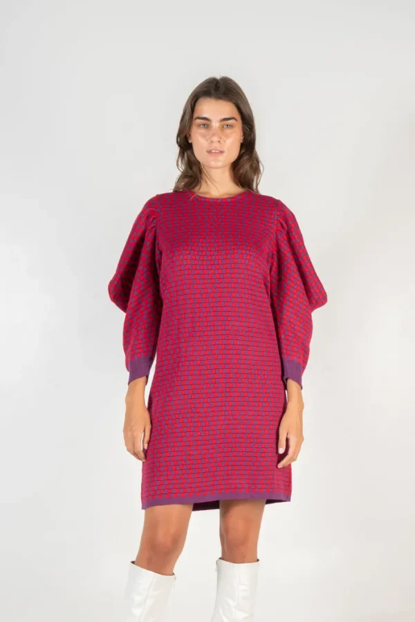 Erotokritos Knitwear | Dresses*Caitline - Checkerboard Knitted dress with pleated sleeves