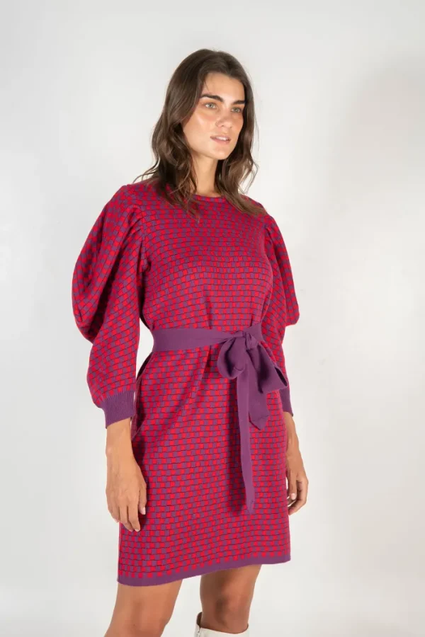 Erotokritos Knitwear | Dresses*Caitline - Checkerboard Knitted dress with pleated sleeves