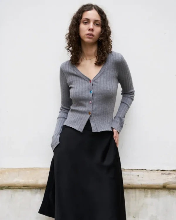 Erotokritos Knitwear | Coats & Jackets*Calista - Ribbed Short Cardigan with Color Glass Buttons - Grey