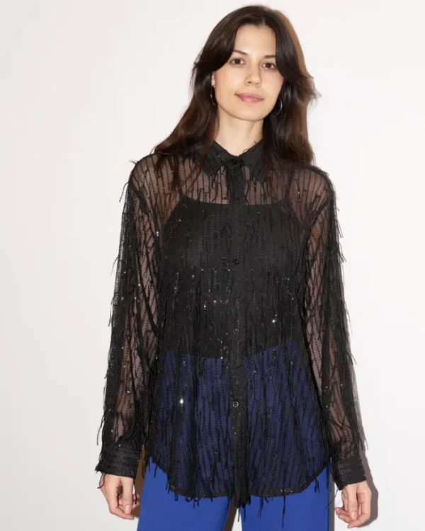 Erotokritos Tops & Shirts*Chelsea - Sequin Fringed Tull Shirt - Black