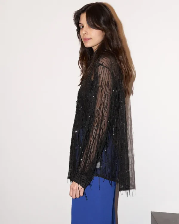 Erotokritos Tops & Shirts*Chelsea - Sequin Fringed Tull Shirt - Black