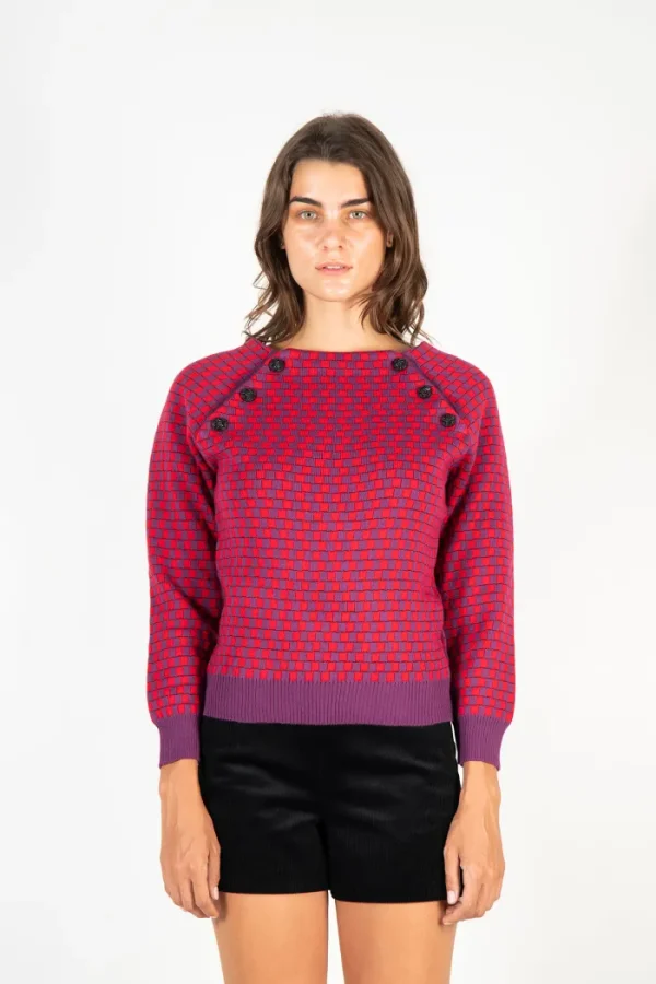 Erotokritos Knitwear | Tops & Shirts*Cloe - Checkerboard Jacquard Sweater with Glass Buttons