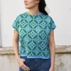 Erotokritos Knitwear | Tops & Shirts*Eos-Flower Jacquard KnitTop with Button Down Back-Green/Blue