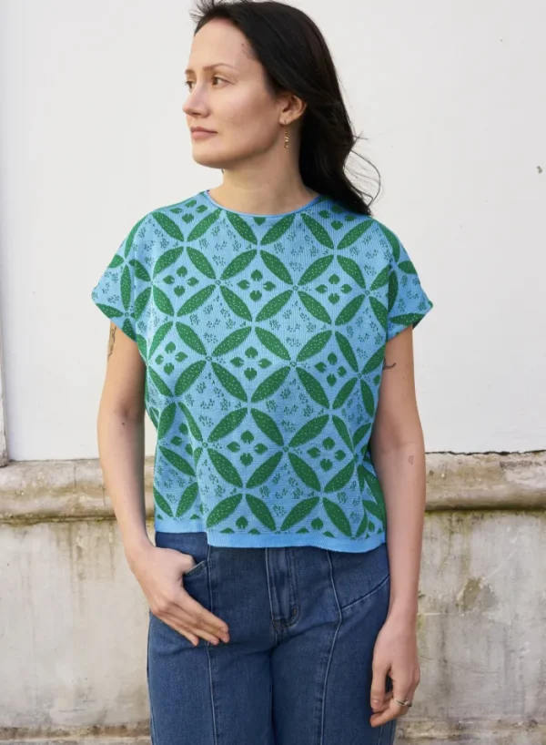 Erotokritos Knitwear | Tops & Shirts*Eos-Flower Jacquard KnitTop with Button Down Back-Green/Blue