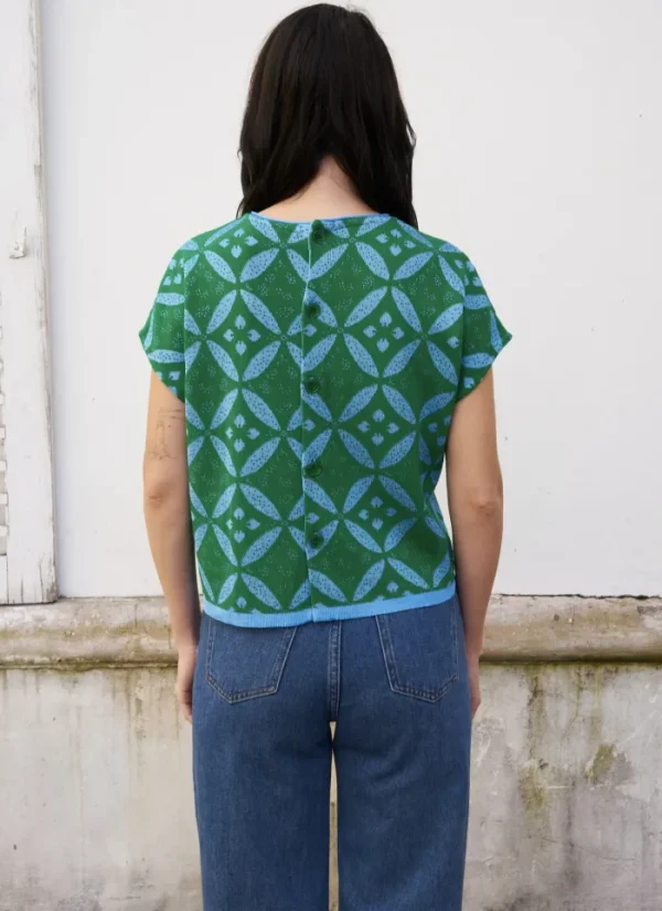 Erotokritos Knitwear | Tops & Shirts*Eos-Flower Jacquard KnitTop with Button Down Back-Green/Blue