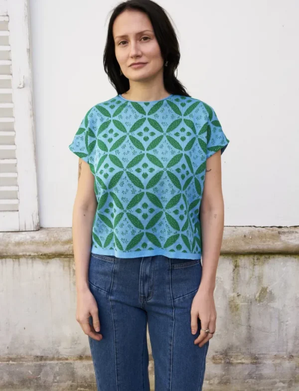 Erotokritos Knitwear | Tops & Shirts*Eos-Flower Jacquard KnitTop with Button Down Back-Green/Blue