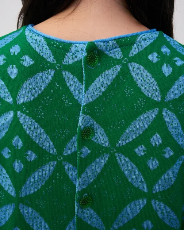 Erotokritos Knitwear | Tops & Shirts*Eos-Flower Jacquard KnitTop with Button Down Back-Green/Blue