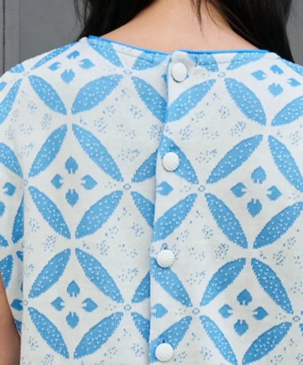 Erotokritos Knitwear | Tops & Shirts*Eos-Flower Jacquard KnitTop with Button Down Back-White/Blue