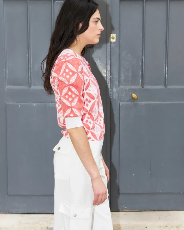 Erotokritos Knitwear | Tops & Shirts*Ephi-Puff Sleeve Flower Jacquard Sweater-Coral/White