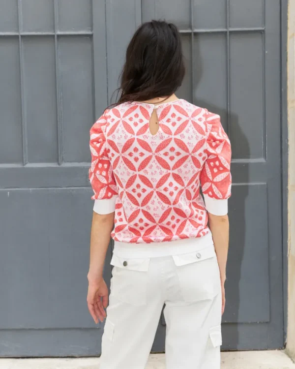 Erotokritos Knitwear | Tops & Shirts*Ephi-Puff Sleeve Flower Jacquard Sweater-Coral/White