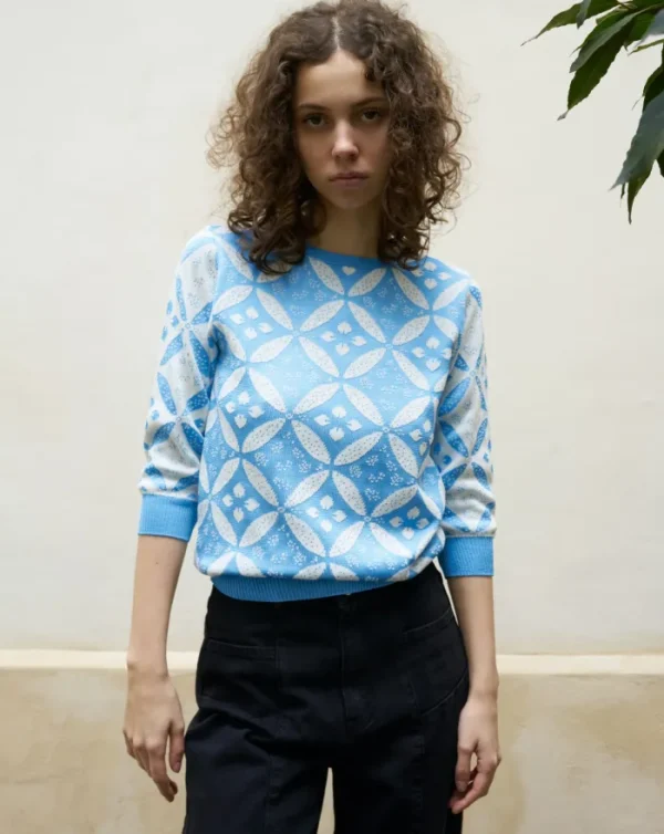 Erotokritos Knitwear | Tops & Shirts*Erena-Fine Flower Jacquard Knit Top with 3/4 Sleeve