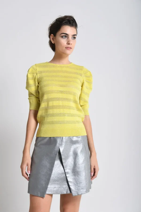 Erotokritos Knitwear | Tops & Shirts*Irene - Knitted Mesh and Flat Knit Puffy Sleeve Sweater