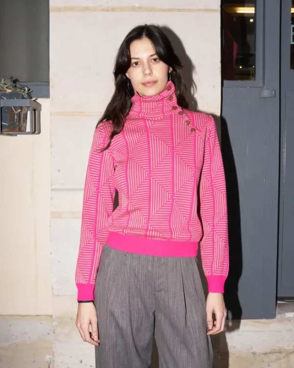 Erotokritos Knitwear | Tops & Shirts*Lhara - Geometric Jacquard Turtle Neck Sweater - Pink