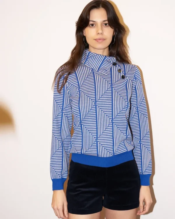 Erotokritos Knitwear | Tops & Shirts*Lhara - Geometric Jacquard Turtle Neck Sweater - Blue