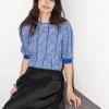 Erotokritos Tops & Shirts | Knitwear*Loreza - Puff Sleeve Geometric Jacquard Sweater - Blue/Ecru