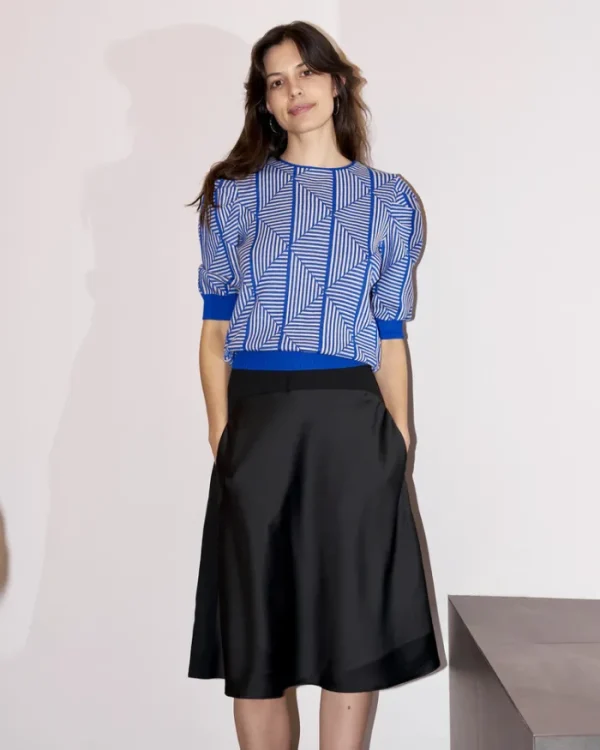 Erotokritos Tops & Shirts | Knitwear*Loreza - Puff Sleeve Geometric Jacquard Sweater - Blue/Ecru