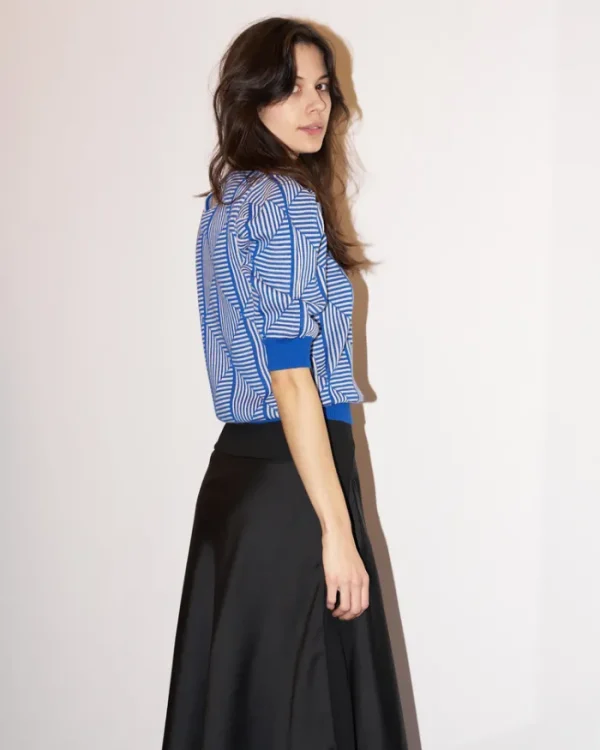 Erotokritos Tops & Shirts | Knitwear*Loreza - Puff Sleeve Geometric Jacquard Sweater - Blue/Ecru