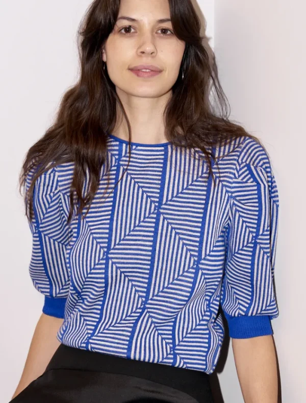 Erotokritos Tops & Shirts | Knitwear*Loreza - Puff Sleeve Geometric Jacquard Sweater - Blue/Ecru