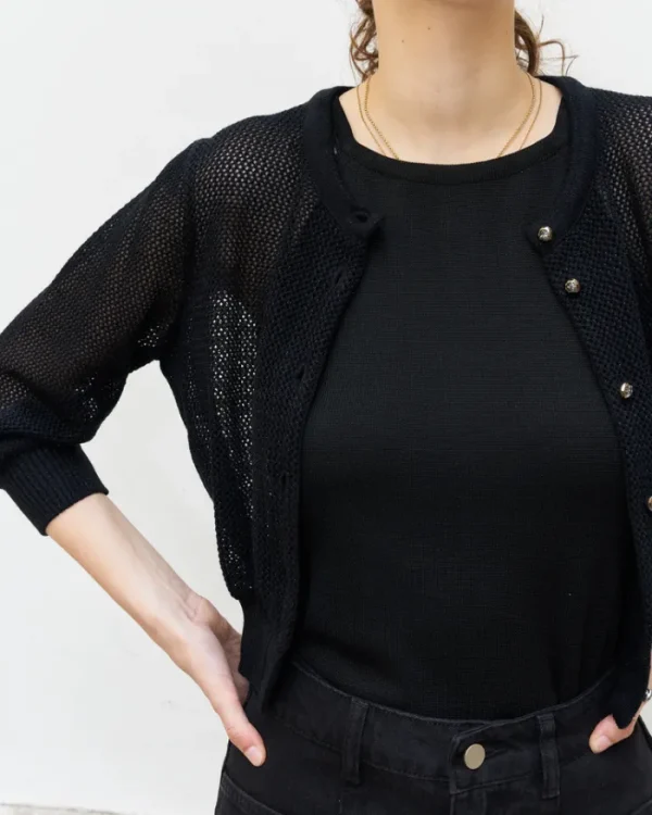 Erotokritos Knitwear | Coats & Jackets*Orfea-Mesh Knit Crop Cardigan-Metallic Black