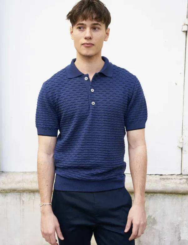 Erotokritos Knitwear | Tops & Shirts*Peter-Textured Knit Polo Shirt-Navy Blue
