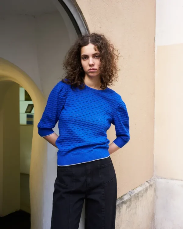 Erotokritos Knitwear | Tops & Shirts*Phiphie-Puff Sleeve Textured Sweater-Royal Blue