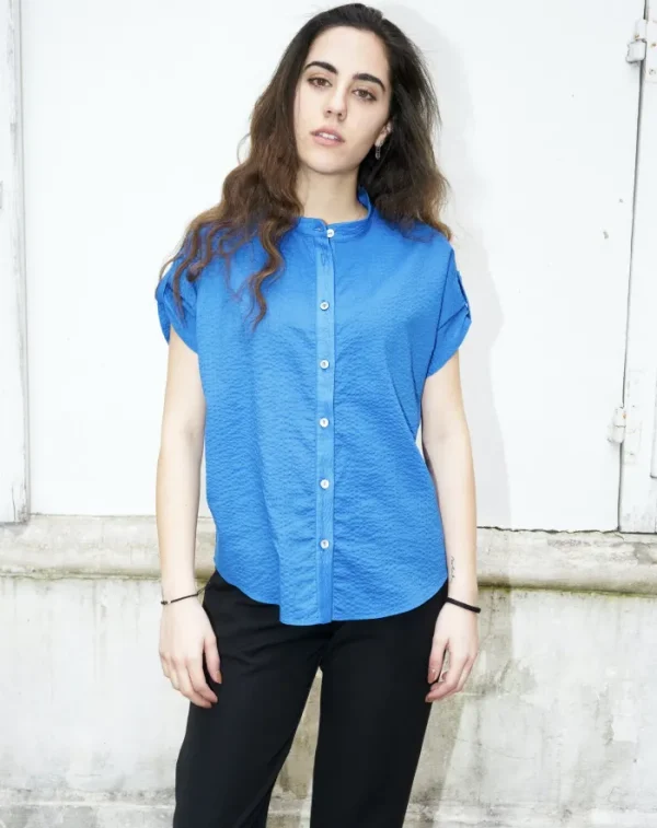 Erotokritos Tops & Shirts*Rori-Seersucker Short Sleeve Shirt-Blue