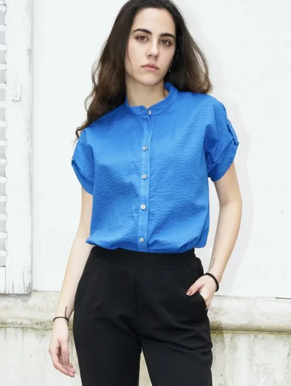 Erotokritos Tops & Shirts*Rori-Seersucker Short Sleeve Shirt-Blue