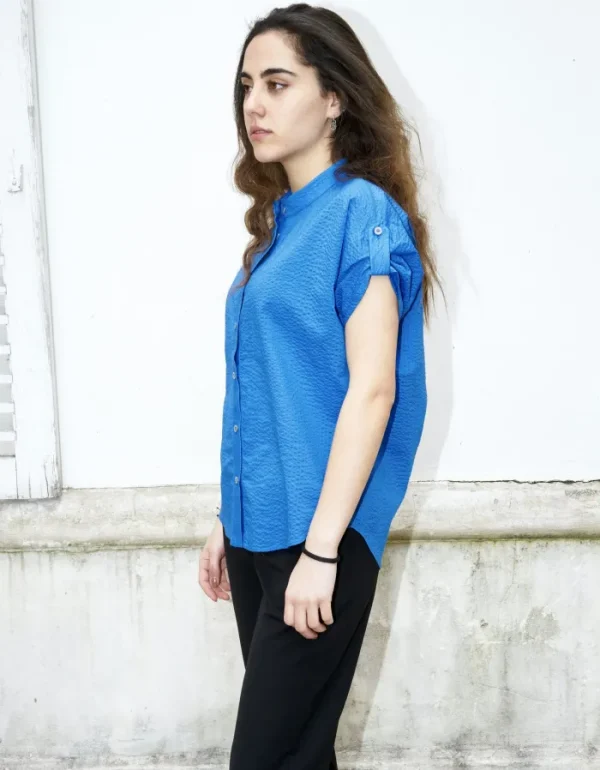 Erotokritos Tops & Shirts*Rori-Seersucker Short Sleeve Shirt-Blue