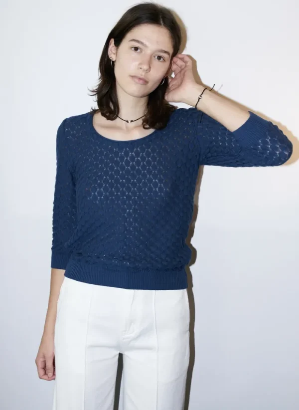 Erotokritos Knitwear | Tops & Shirts*Sade - Texture Lace Knit light Sweater - Navy