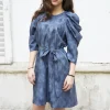 Erotokritos Dresses*Sadie-Pleated Sleeve Short Dress-Grey Blue Abstract Print