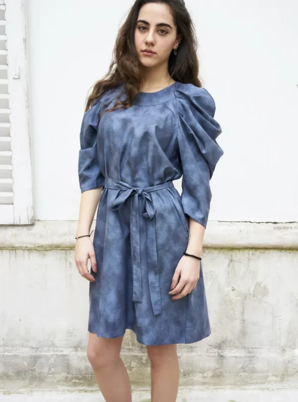 Erotokritos Dresses*Sadie-Pleated Sleeve Short Dress-Grey Blue Abstract Print