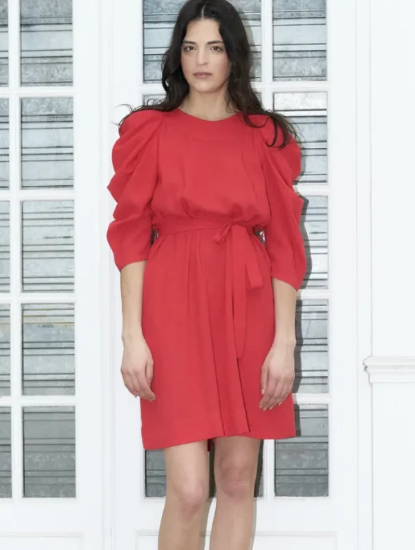 Erotokritos Dresses*Sadie-Pleated Sleeve Short Dress-Real Red