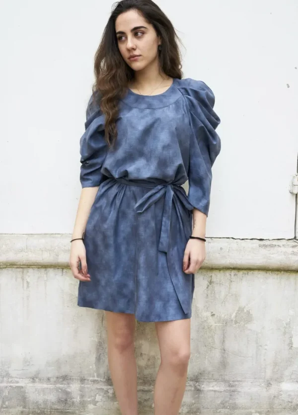 Erotokritos Dresses*Sadie-Pleated Sleeve Short Dress-Grey Blue Abstract Print