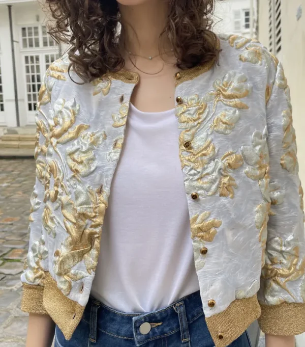 Erotokritos Coats & Jackets | Tops & Shirts*Selina - Silk Brocade Crop Jacket in Gold & Silver Floral Pattern