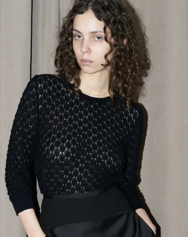Erotokritos Knitwear | Tops & Shirts*Sienna - Texture Lace Knit light Sweater - Black