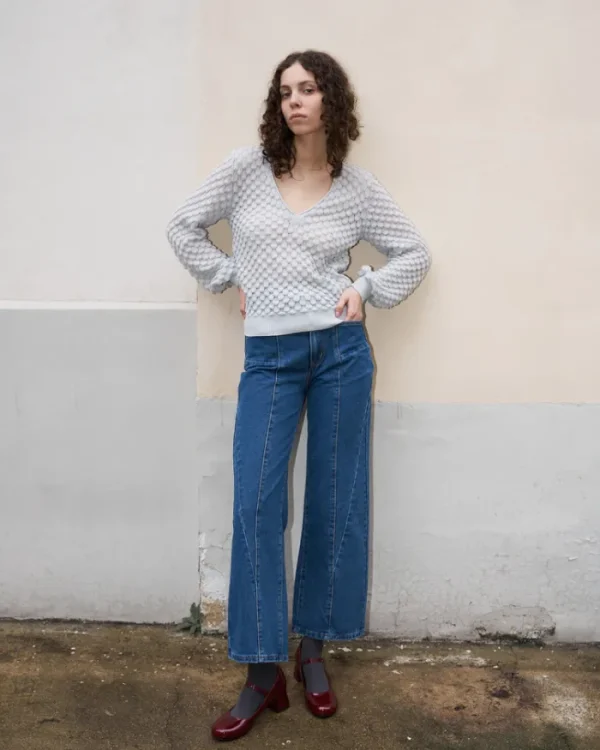 Erotokritos Knitwear | Tops & Shirts*Skippy - Textured Lace Knit V-Neck Light Sweater - Pearl grey
