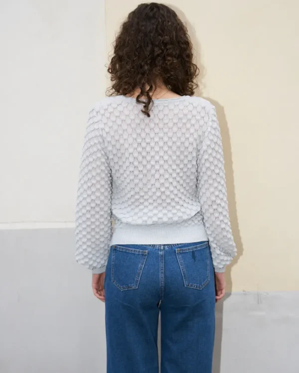 Erotokritos Knitwear | Tops & Shirts*Skippy - Textured Lace Knit V-Neck Light Sweater - Pearl grey