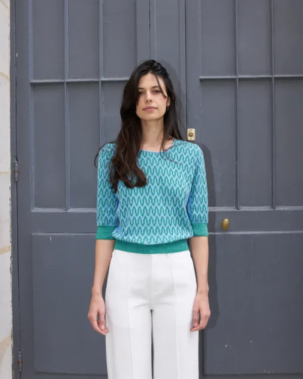 Erotokritos Knitwear | Tops & Shirts*Slim - Wave Jacquard light Sweater - Green/Light Blue