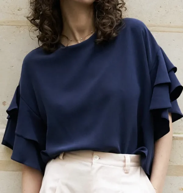 Erotokritos Tops & Shirts*Sophie - Ruffle Silk Top - Navy