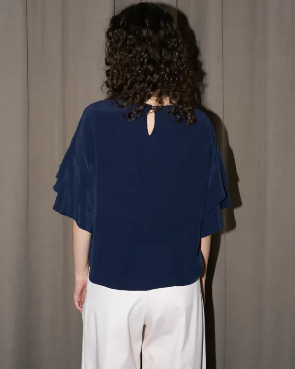 Erotokritos Tops & Shirts*Sophie - Ruffle Silk Top - Navy
