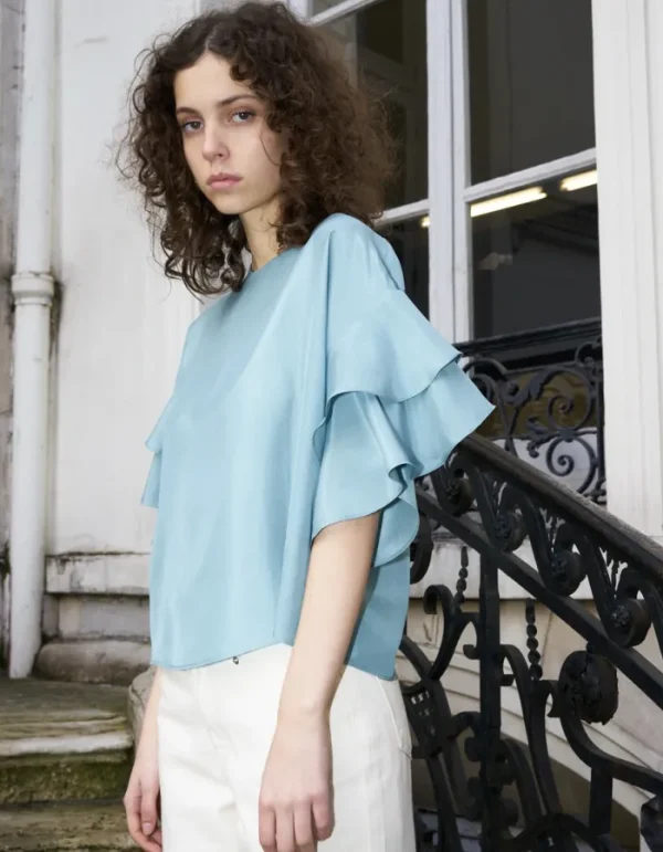 Erotokritos Tops & Shirts*Sophie Ruffle Silk Top - Aqua