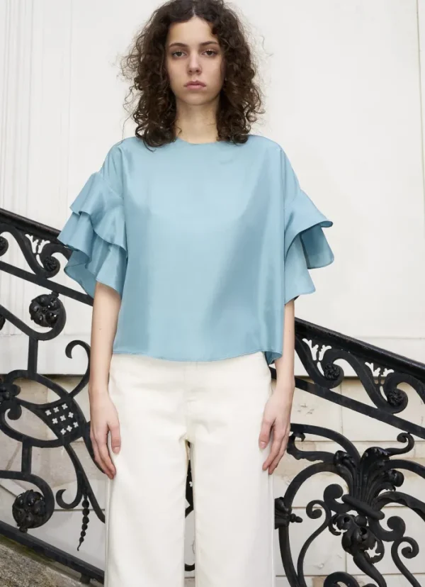 Erotokritos Tops & Shirts*Sophie Ruffle Silk Top - Aqua