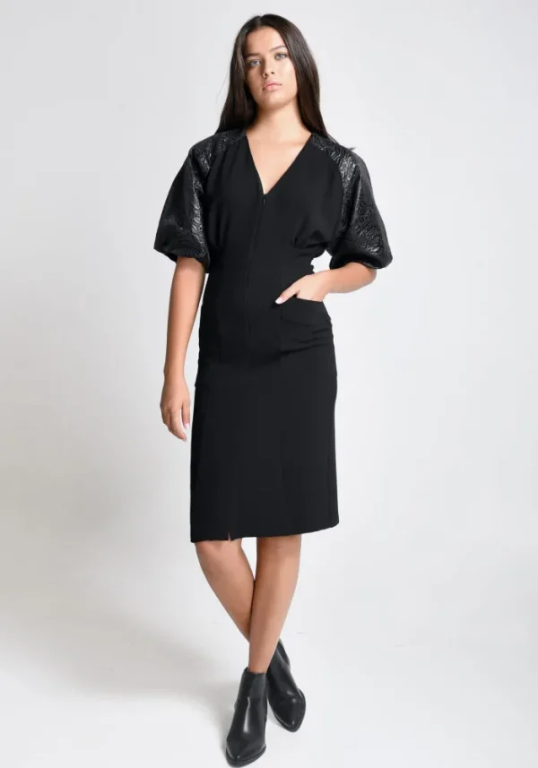 Erotokritos Dresses*Talia - Constructed Crepe Dress with Brocade Balloon sleeves